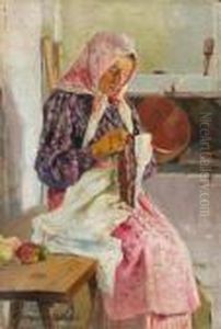 Woman With Headscarf Embroidering.