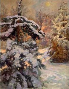 Foret De Sapins Sous La Neige Le Soir.