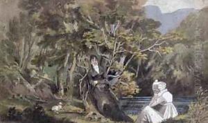 Couple with a spaniel by John Harden