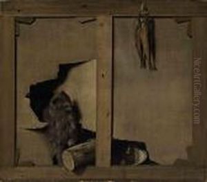 A Trompe-l'oeil With A Cat And A
 Wooden Log Through A Canvas, Fish Hanging From The Stretcher
