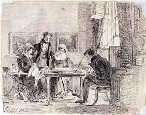Family group sewing and reading by John Harden