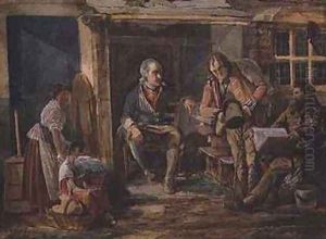 Group including a soldier outside a cottage door by John Harden