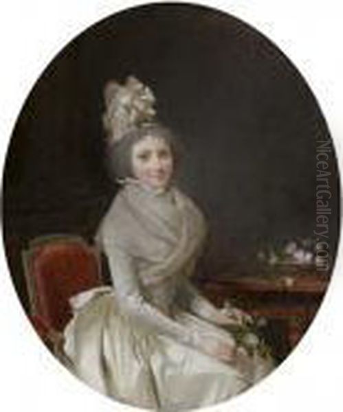 Portrait Presume De L'epouse De L'artiste En Robe Blanche, Une Rosea La Main - view 1