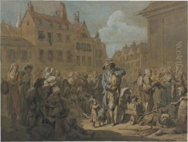 'les Chiens Savants': A
Performer With Dancing Dogs In A Townsquare Surrounded By Spectators - view 1