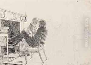 Man reading with feet on hearth by John Harden