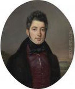 Portrait Of A Gentleman, Small 
Half-length, Wearing A Dark Coat And Red Vest, A Landscape Beyond