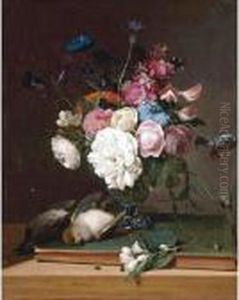 Still Life Of Flowers In A Glass
Vase, Two Birds, A Branch Of Blossoms And An Insect All On A Table by Louis Leopold Boilly