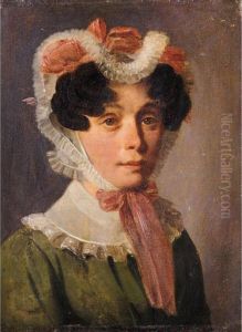 Portrait Of A Lady, Head And 
Shoulders Wearing A Green Dress And Elaborate Head Dress, With Pink 
Ribbons