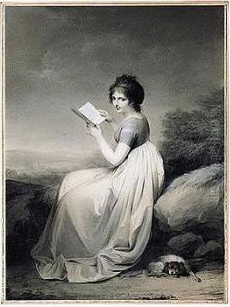 An Elegant Woman Seated In A
Landscape, Glancing Up From A Book, Her Dog Curled At Her Feet - view 1