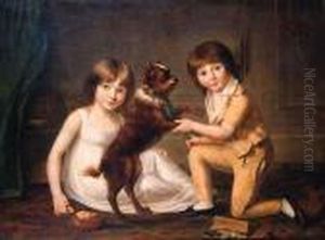 Double Portrait Of A Girl And A 
Boy, Full Lengths, Playing With Adog In An Interior, She Wearing A White
 Dress, He Wearing An Ocresuit With Lace Collar