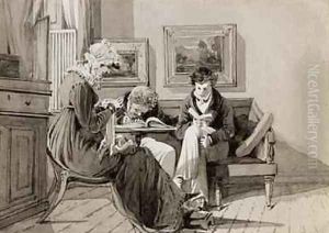 Social Interior at Brathay Hall depicting Jessy Harden Rev Owen Lloyd and H Almack by John Harden