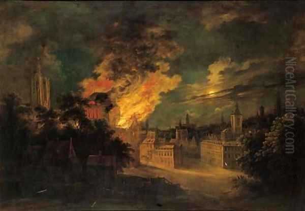 A fire in Brussels at night by Daniel van Heil