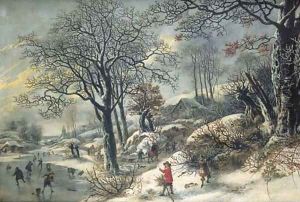 A frozen river landscape with huntsmen and skaters by Daniel van Heil