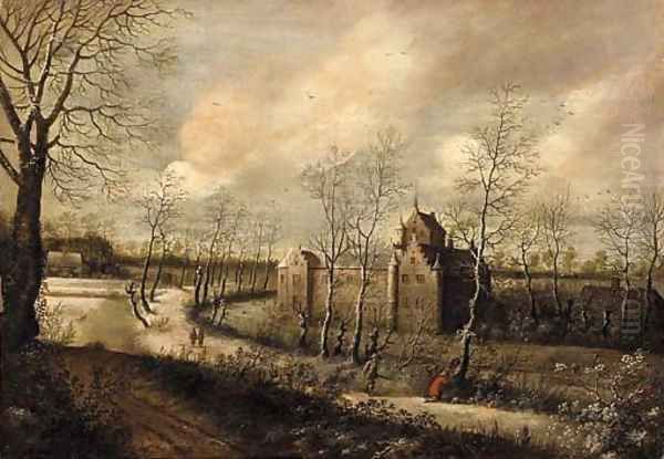 A wooded landscape with hunters on a path, a castle beyond - view 1