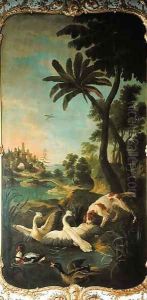 A Spaniel attacking swans a mallard duck and a shelduck panel from the bedroom of Louis Henri I 1692-1740 Prince de Conde