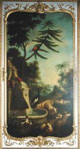 A Crested Crane a Peacock a Macaw a Shelduck and Markhors panel from the bedroom of Louis Henri I 1692-1740 Prince de Conde by Christophe Huet