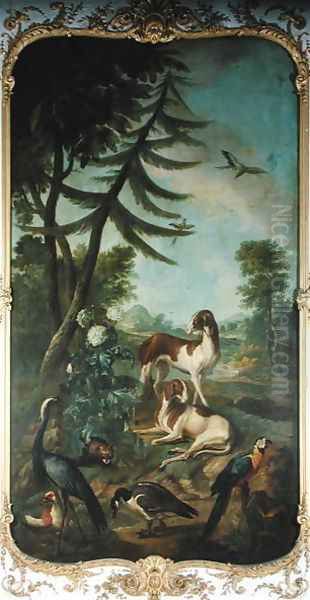 A Macaw a Barbary Duck a Canada Goose a Crane and Two Dogs - view 1