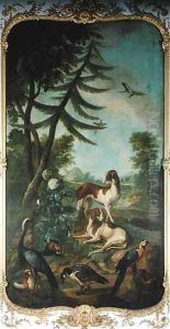 A Macaw a Barbary Duck a Canada Goose a Crane and Two Dogs by Christophe Huet