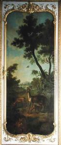 A Roe Deer a Doe and a Fawn with a Fox Eating a Pheasant panel from the bedroom of Louis Henri I 1692-1740 Prince de Conde by Christophe Huet
