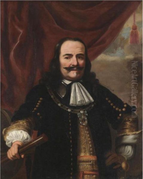 Portrait Of Admiral Michiel 
Adriaensz De Ruyter, Half-length,wearing A Black Coat And Holding A 
Telescope, With An Openedcurtain Behind - view 1