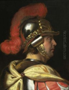 Portrait Eines Mannes Mit Helm Im Profil. by Ferdinand Bol