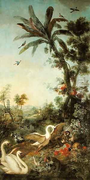 Monkeys and Swans panel from the bedroom of Louis Henri I 1692-1740 Prince de Conde - view 1
