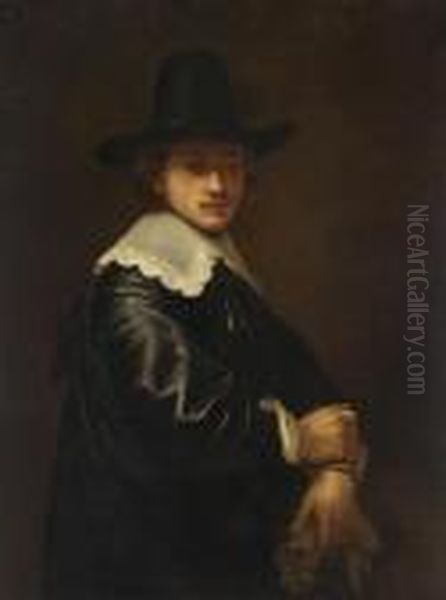 A Portrait Of A Young Gentleman Standing Half-length
Wearing A Black Costume And Hat With A White Lace
Collar Holding Gloves - view 1