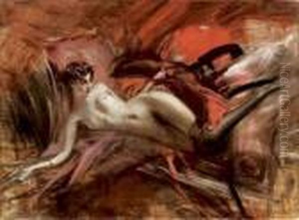 Nudo Di Donna Dalle Calze Scure Sdraiata Su Un Divano - view 1