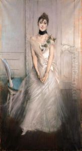 Portrait Of Emiliana Concha De Ossa, Full Length, Wearing A White Dress by Giovanni Boldini