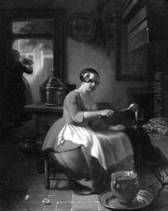 A kitchen maid baking waffles by Hubertus van Hove