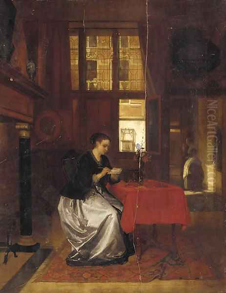 A lady writing in a Dutch interior - view 1