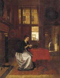 A lady writing in a Dutch interior by Hubertus van Hove