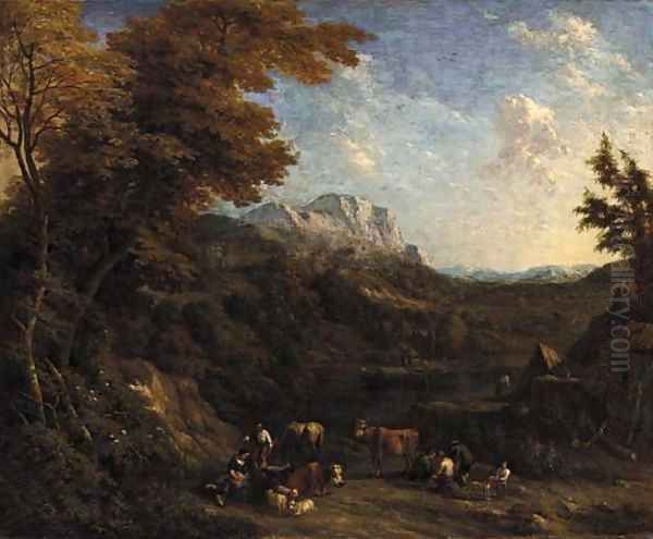 A wooded landscape with peasants and their livestock resting by a river - view 1