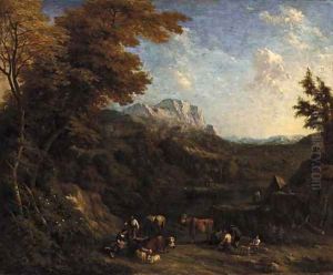 A wooded landscape with peasants and their livestock resting by a river by Jacob Huysmans