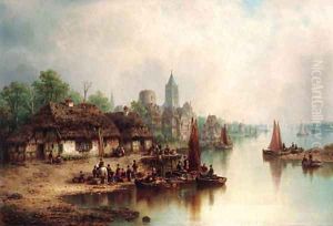 A bustling harbour town by Ludwig Hermann