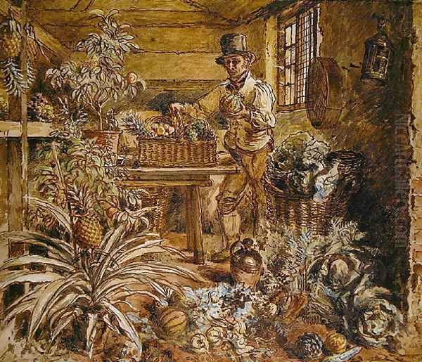 A Gardener in a Potting Shed with Pineapples and Various Vegetables - view 1