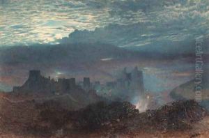 Castle with an estuary beyond, possibly Conway, North Wales by Alfred William Hunt