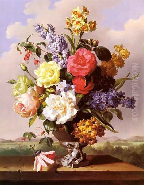 Flowers In An Urn On A Ledge - view 1