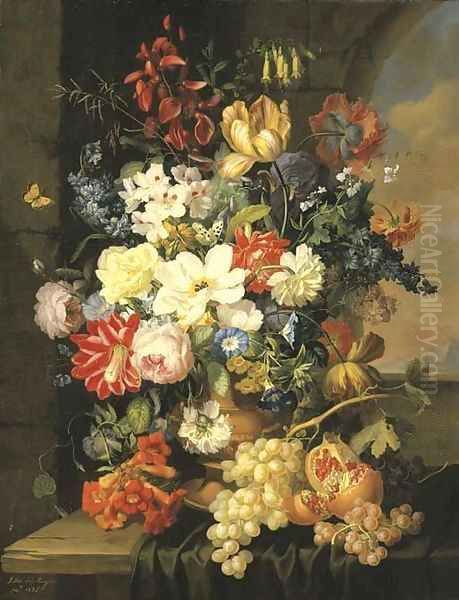 Roses, morning glory, an iris and other flowers in a sculpted urn with grapes and a pomegranate on a partly-draped ledge - view 1
