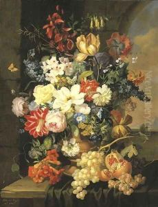 Roses, morning glory, an iris and other flowers in a sculpted urn with grapes and a pomegranate on a partly-draped ledge