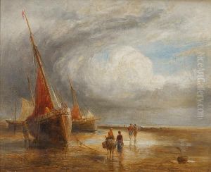 Beached Fishing Boats, Figures On Theshore by William Joseph Caesar Julius Bond