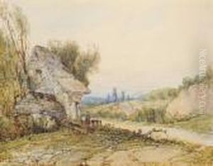 Figures And A Donkey Beside A Cottage by William Joseph Caesar Julius Bond