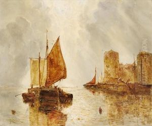 Fishing Boats At And Off The Quay Atcaernarvon by William Joseph Caesar Julius Bond