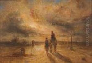 Figures And A Horse At Sunset by William Joseph Caesar Julius Bond