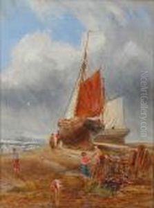 Fishing Boat At Low Tide On The Shore With Figures Before by William Joseph Caesar Julius Bond