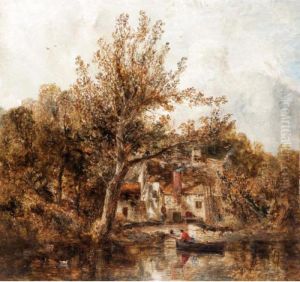 River Scene With A Rowing Boat Near A Cottage by William Joseph Caesar Julius Bond