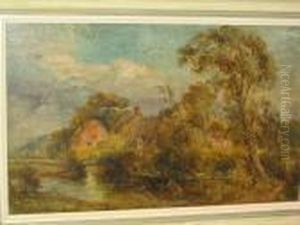 Anglers On A River Bank With Cottages Beyond