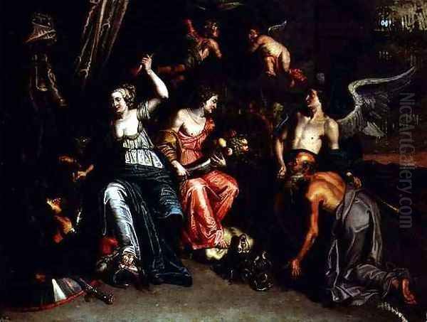 Agriculture accompanied by Fame worshipping Ceres as a harpy is trampled underfoot and Minerva overcomes Mars - view 1