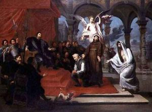St Francis and a Figure Dressed in a Shroud Interceding to a Council on Behalf of a Bound and Kneeling Man Clutching a Crucifix by Willem van, the Elder Herp
