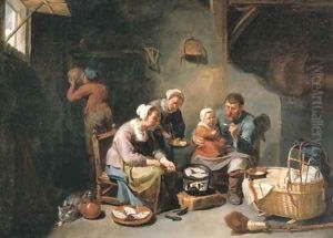 A peasant family frying fish in an interior by Willem van, the Elder Herp